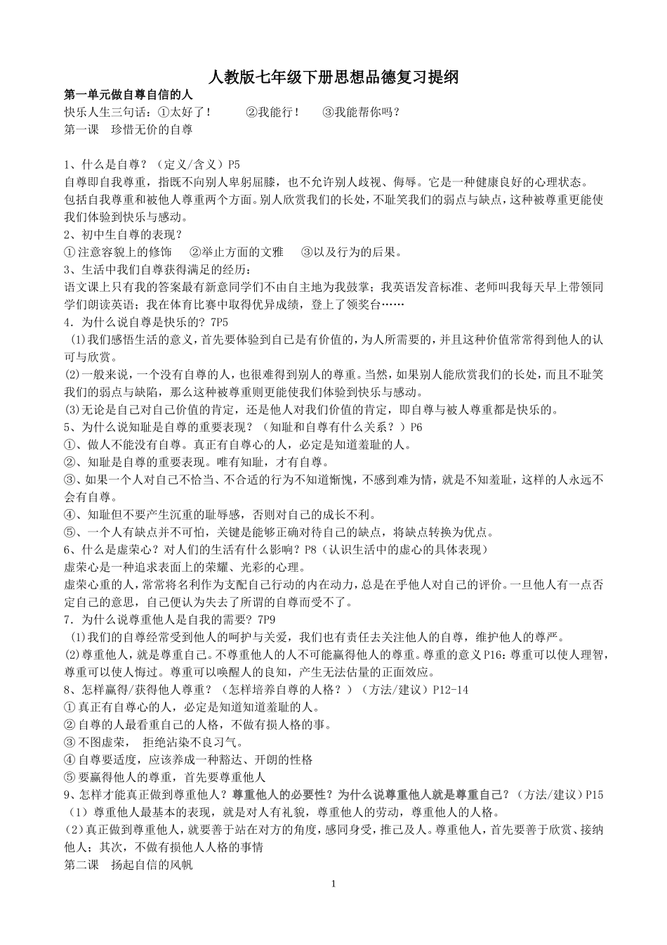 人教版七年级下册思想品德复习提纲_第1页