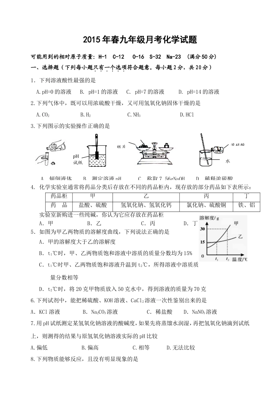 2015年春九年级月考化学试题_第1页