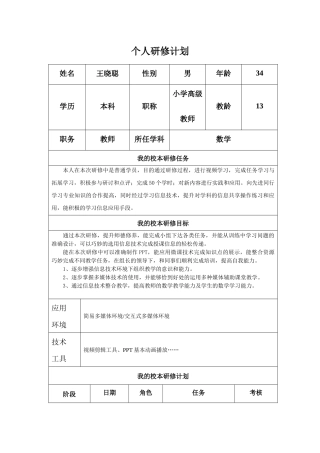 个人研修工作计划(王晓聪)