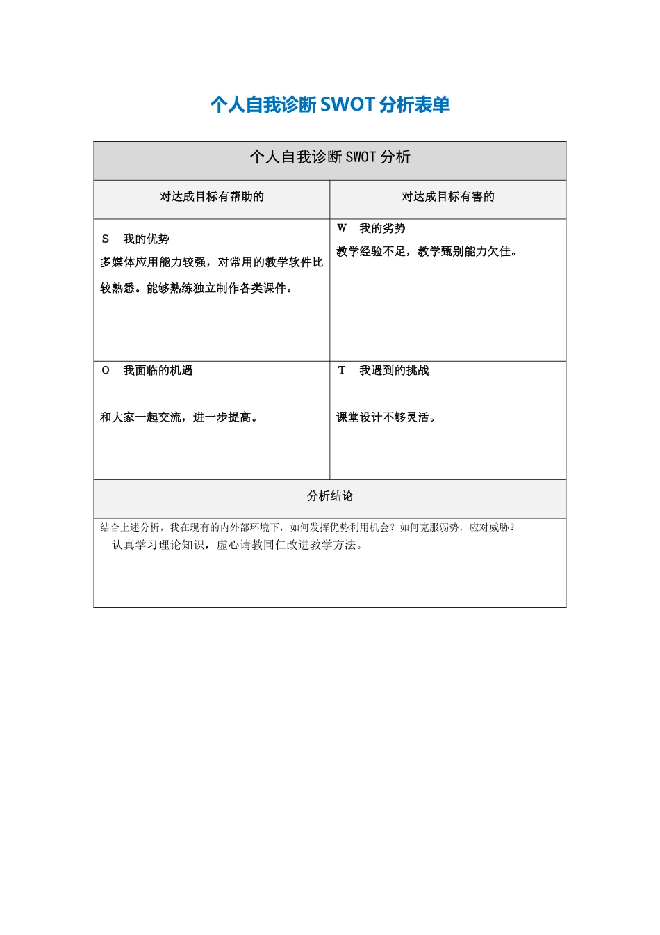 第一步骤所需文档：个人自我诊断SWOT分析表-(3)_第1页