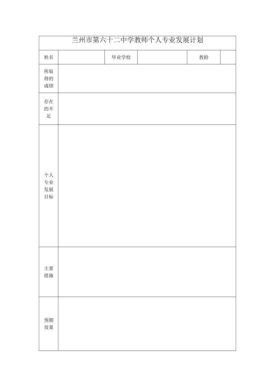 兰州市第六十二中学教师个人专业发展计划_第1页