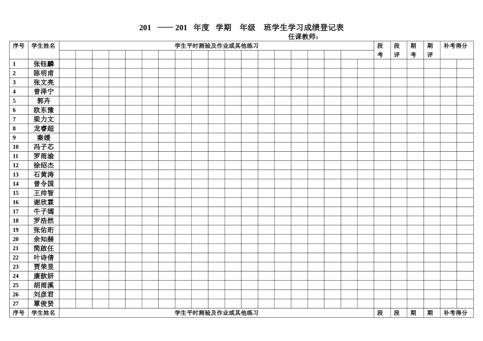 101成绩登记表_第1页