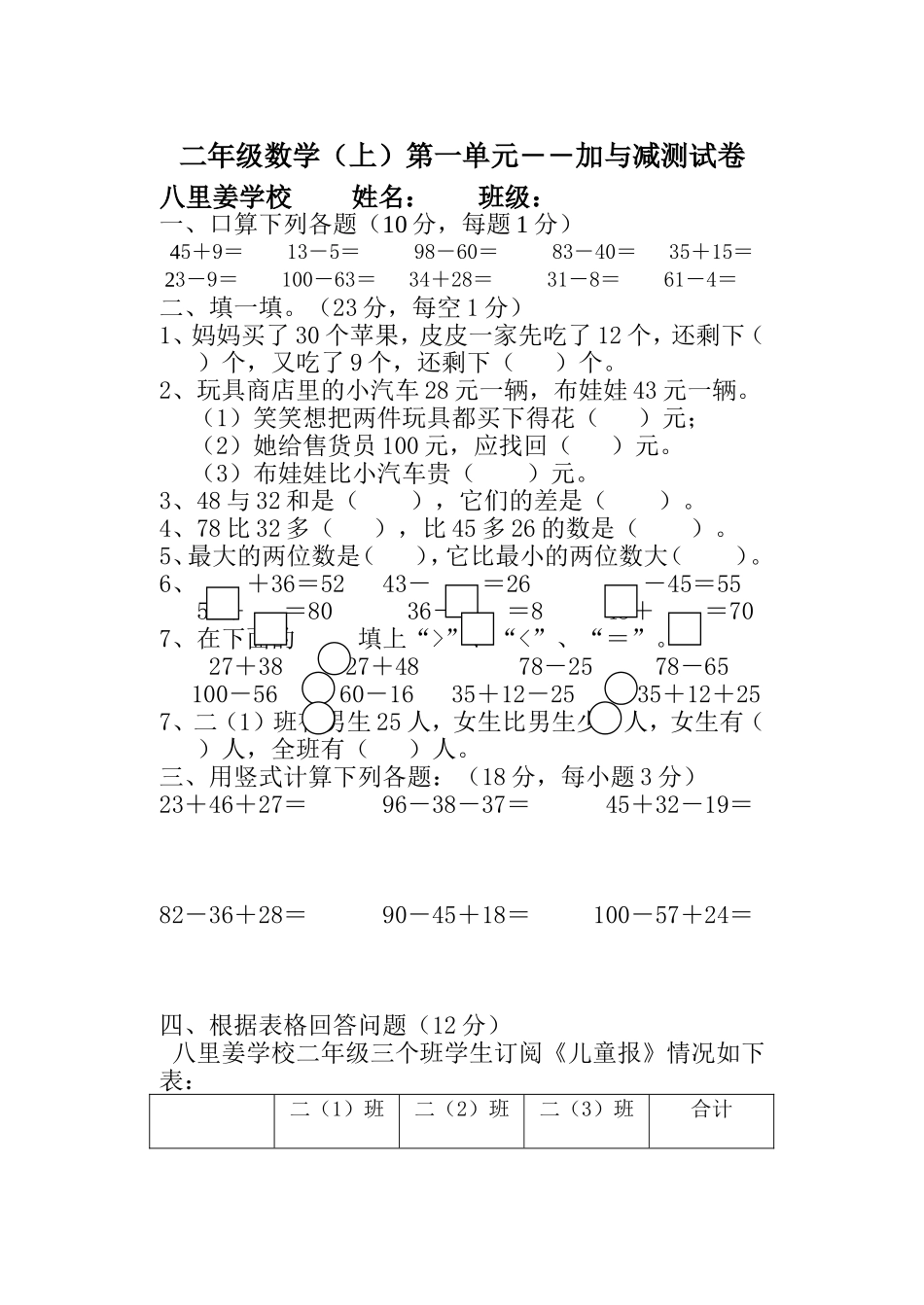 新北师大版二年级数学(上)第一单元加与减测试卷_第1页