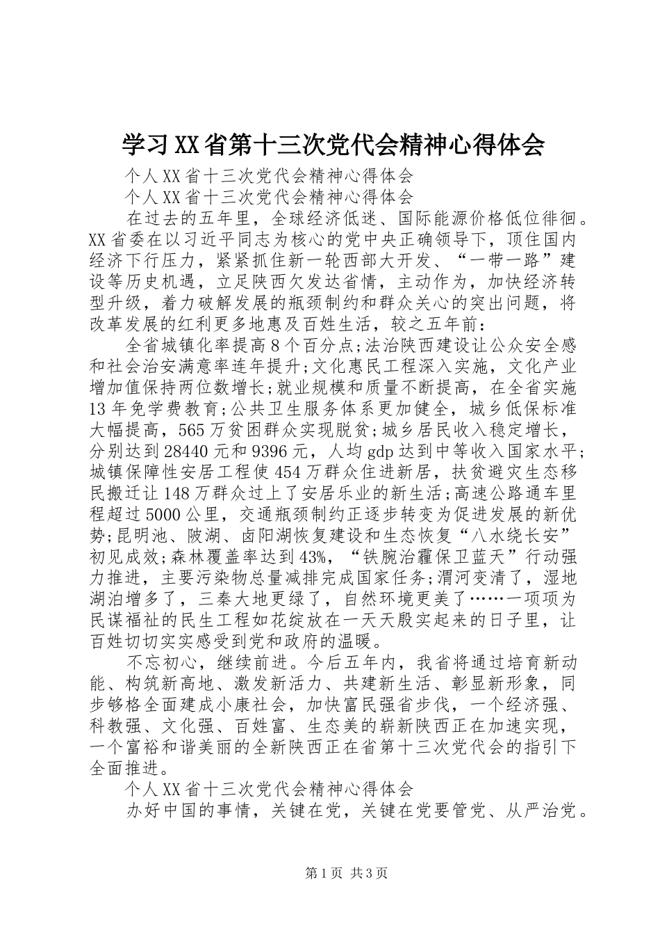 学习XX省第十三次党代会精神心得体会 _第1页