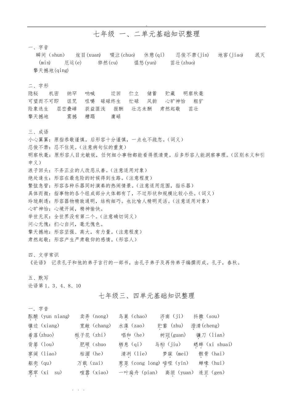 人版初中语文(全册)基础知识整理复习试题_第1页