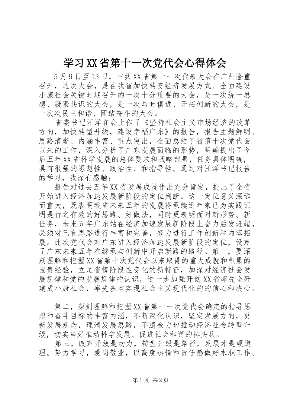 学习XX省第十一次党代会心得体会 _第1页