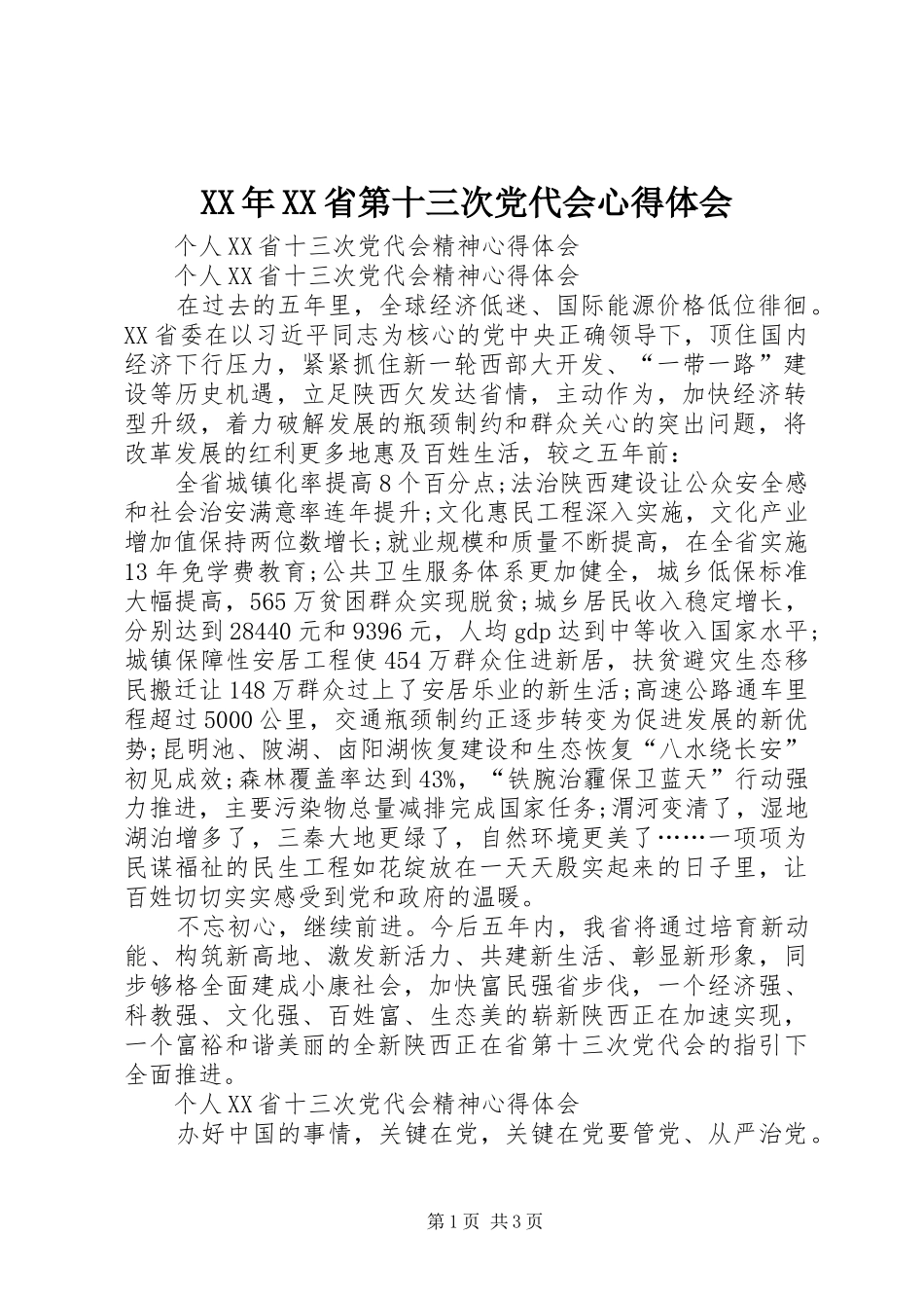 XX年XX省第十三次党代会心得体会 _第1页