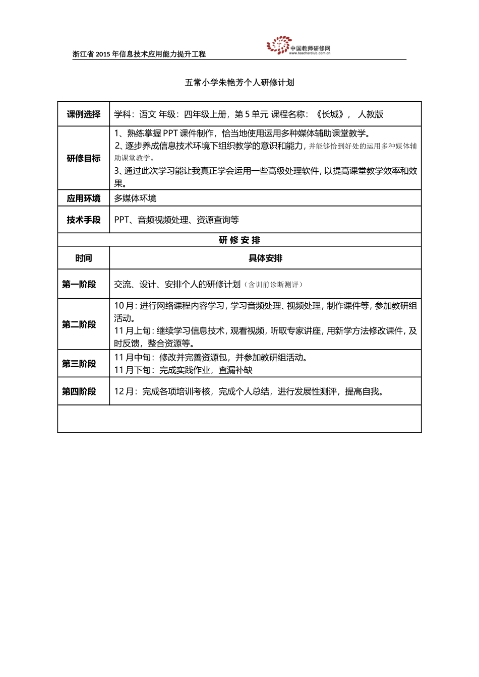 五常小学朱艳芳个人研修计划_第1页
