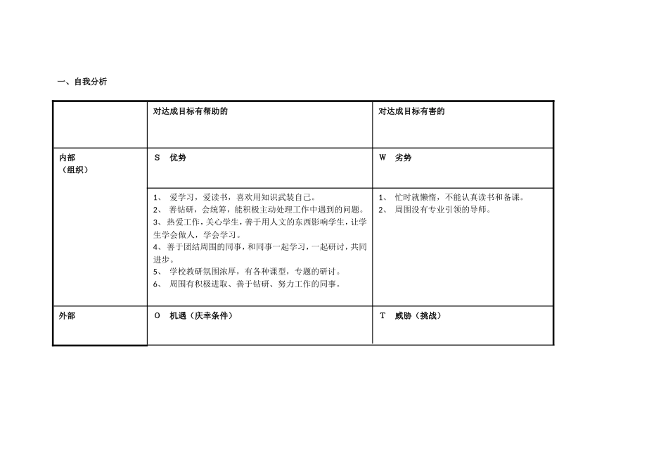 任务表单：个人自我诊断SWOT分析表_第1页
