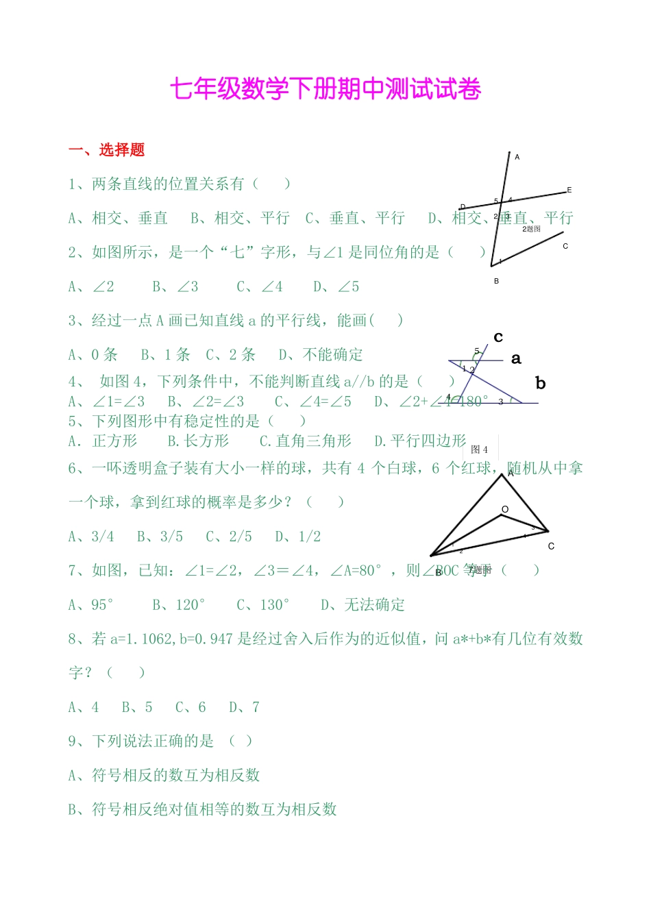 人教版初一下学期数学期中考试测试题含答案)_第1页