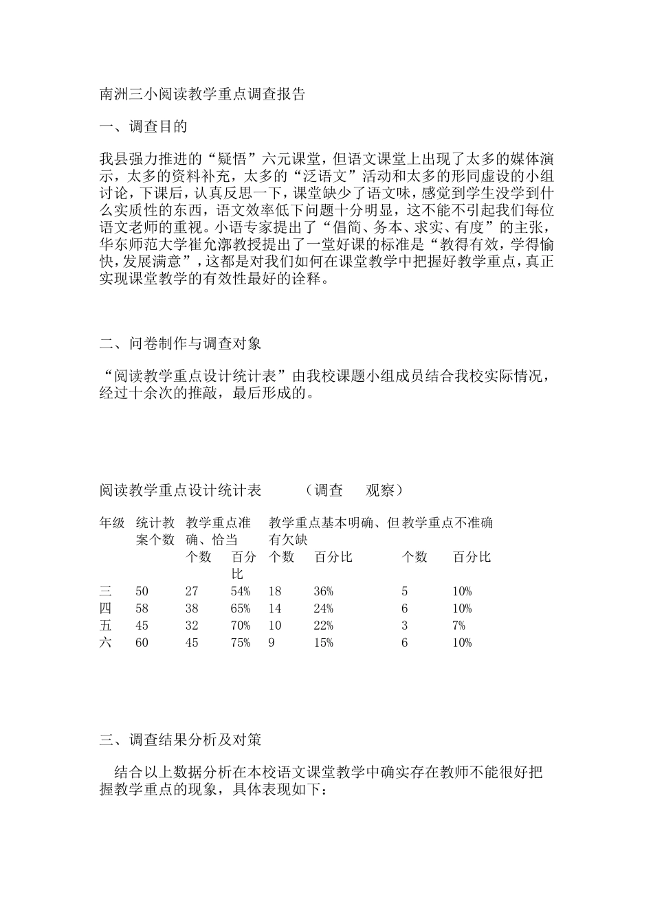 南洲三小阅读教学重点调查报告_第1页