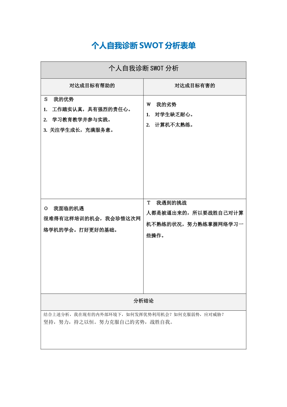 詹金荣自我诊断SWOT分析表_第1页