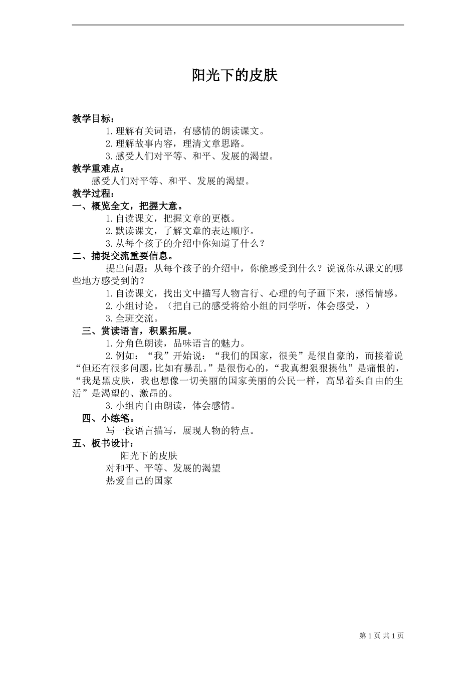 《阳光下的皮肤》教案_第1页
