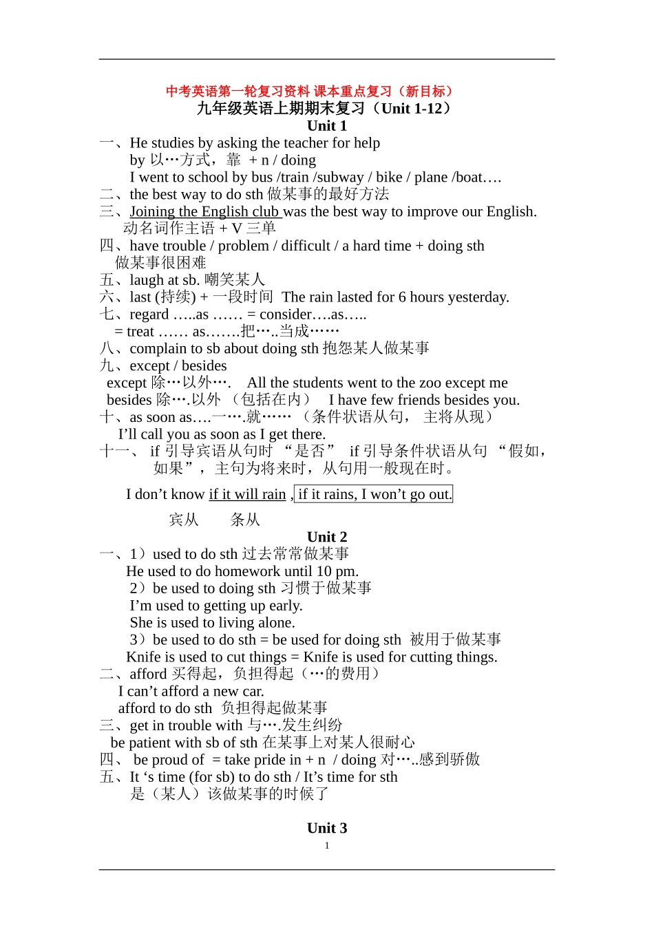 2014中考英语九年级unit1-12第一轮复习重点知识复习_第1页