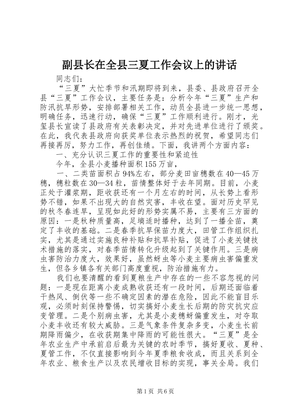 副县长在全县三夏工作会议上的讲话发言_第1页