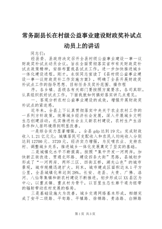 常务副县长在村级公益事业建设财政奖补试点动员上的讲话发言