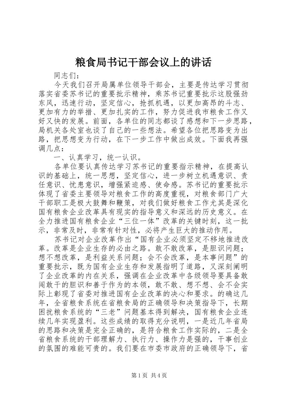 粮食局书记干部会议上的讲话发言_第1页