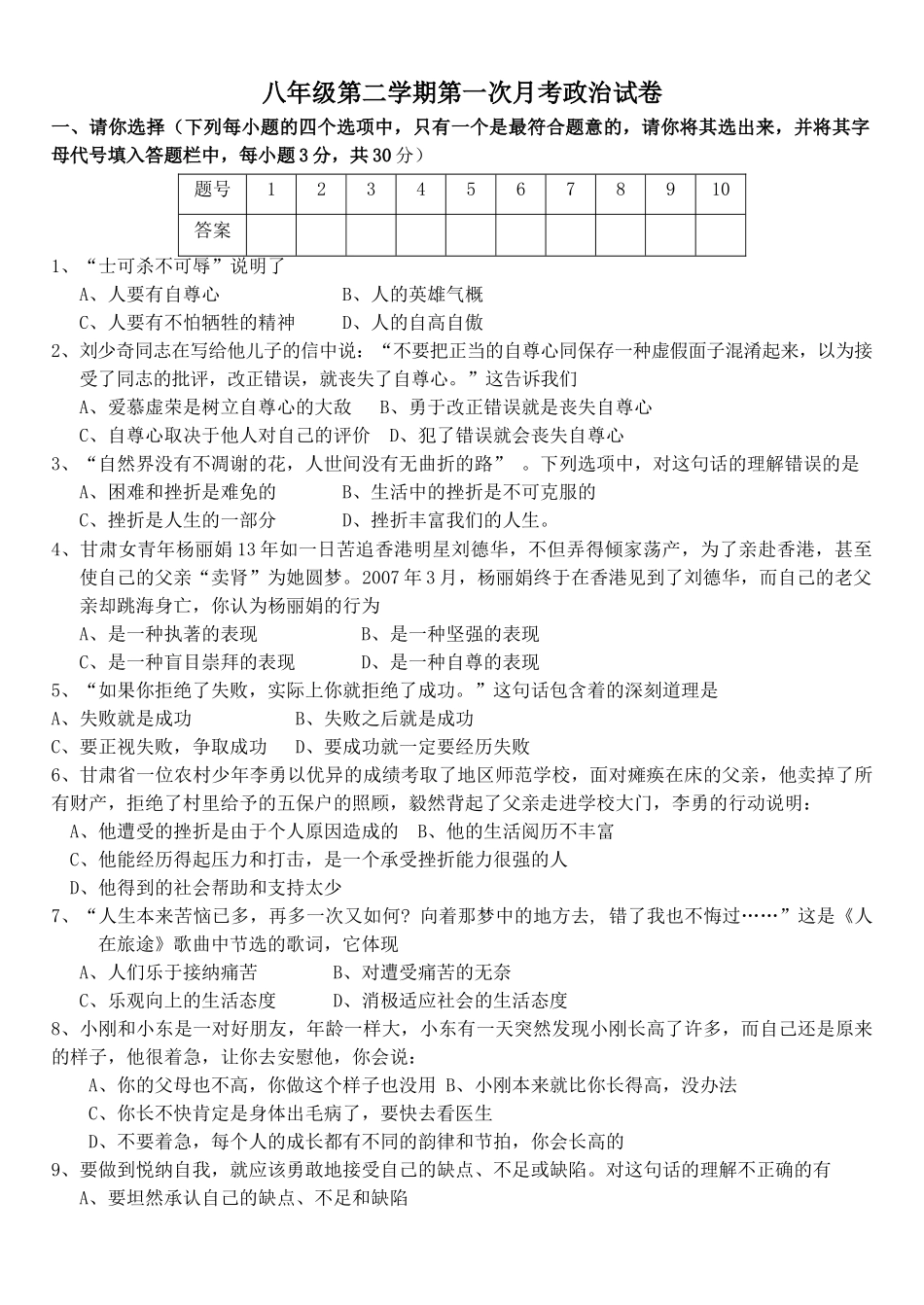 2013年人民版八年级下册第一次月考政治试卷_第1页