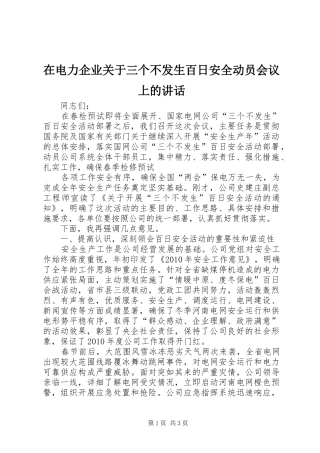 在电力企业关于三个不发生百日安全动员会议上的讲话发言