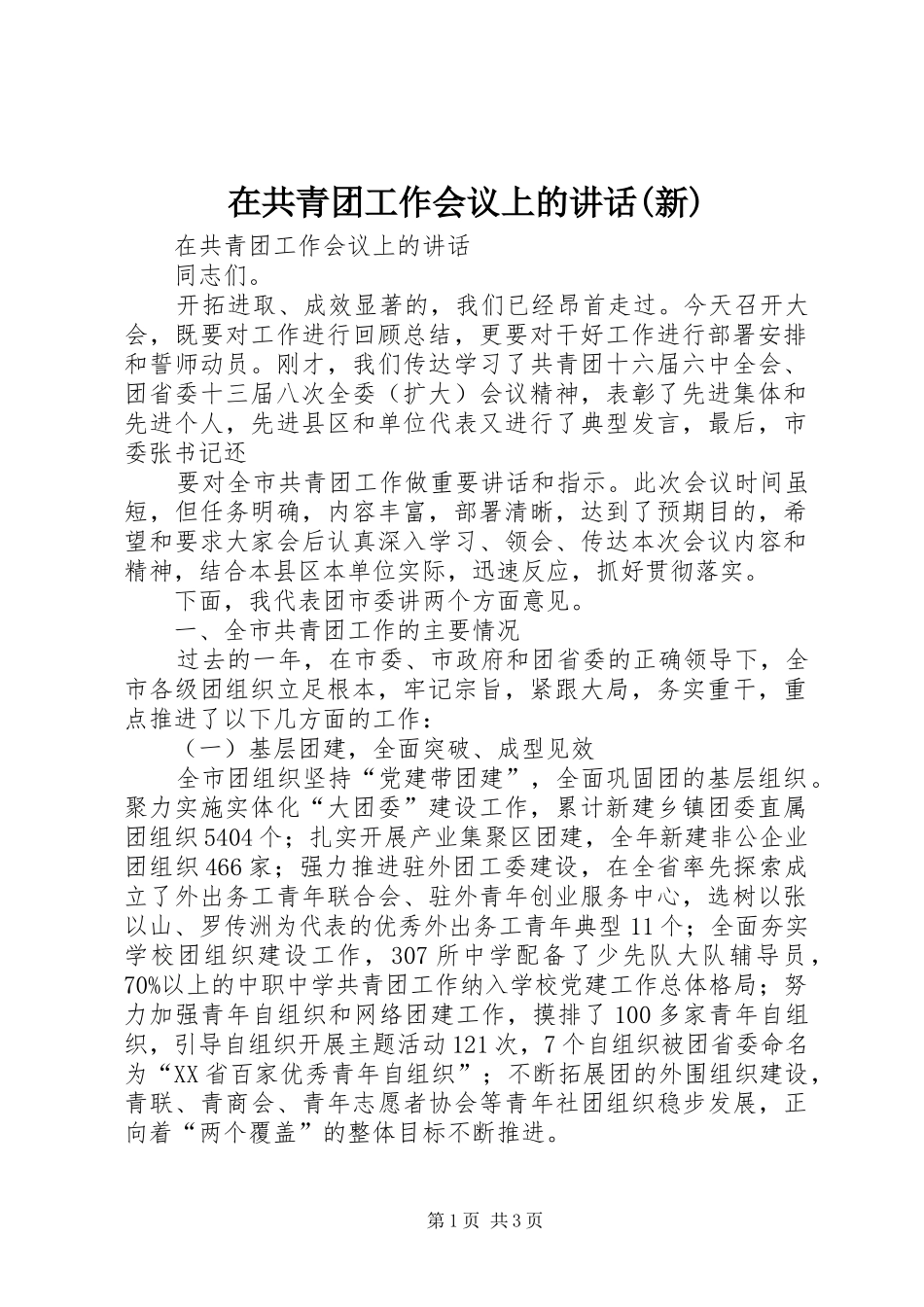 在共青团工作会议上的讲话发言(新)_第1页