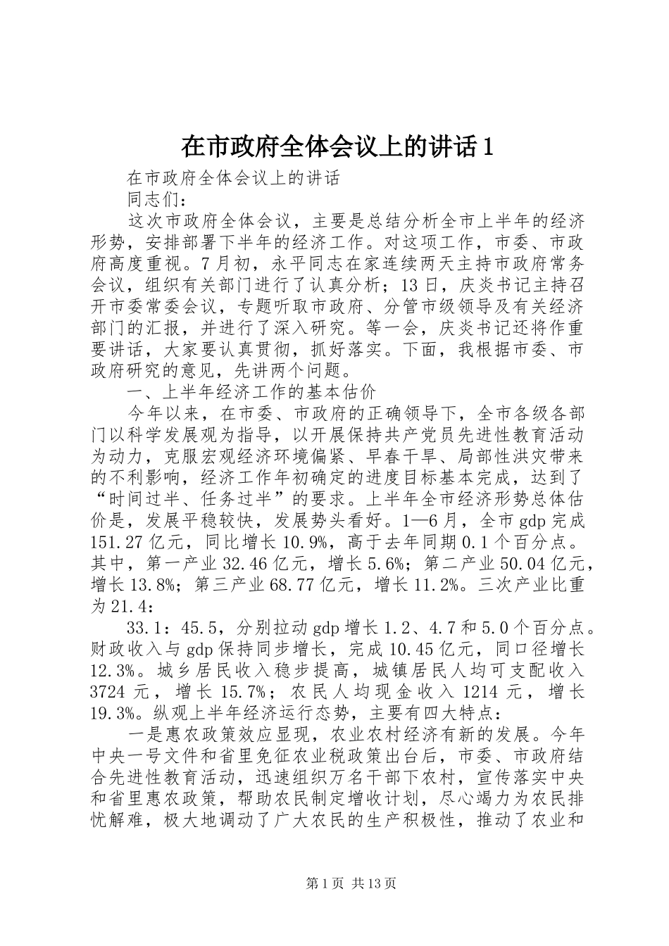 在市政府全体会议上的讲话发言1_第1页