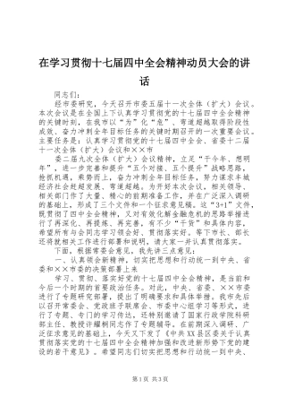在学习贯彻十七届四中全会精神动员大会的讲话发言