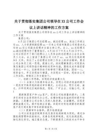 关于贯彻落实集团公司领导在XX公司工作会议上讲话发言精神的工作方案