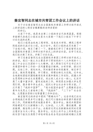 秦宜智同志在城市共青团工作会议上的讲话发言