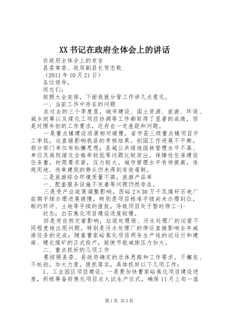 XX书记在政府全体会上的讲话发言