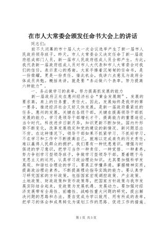 在市人大常委会颁发任命书大会上的讲话发言