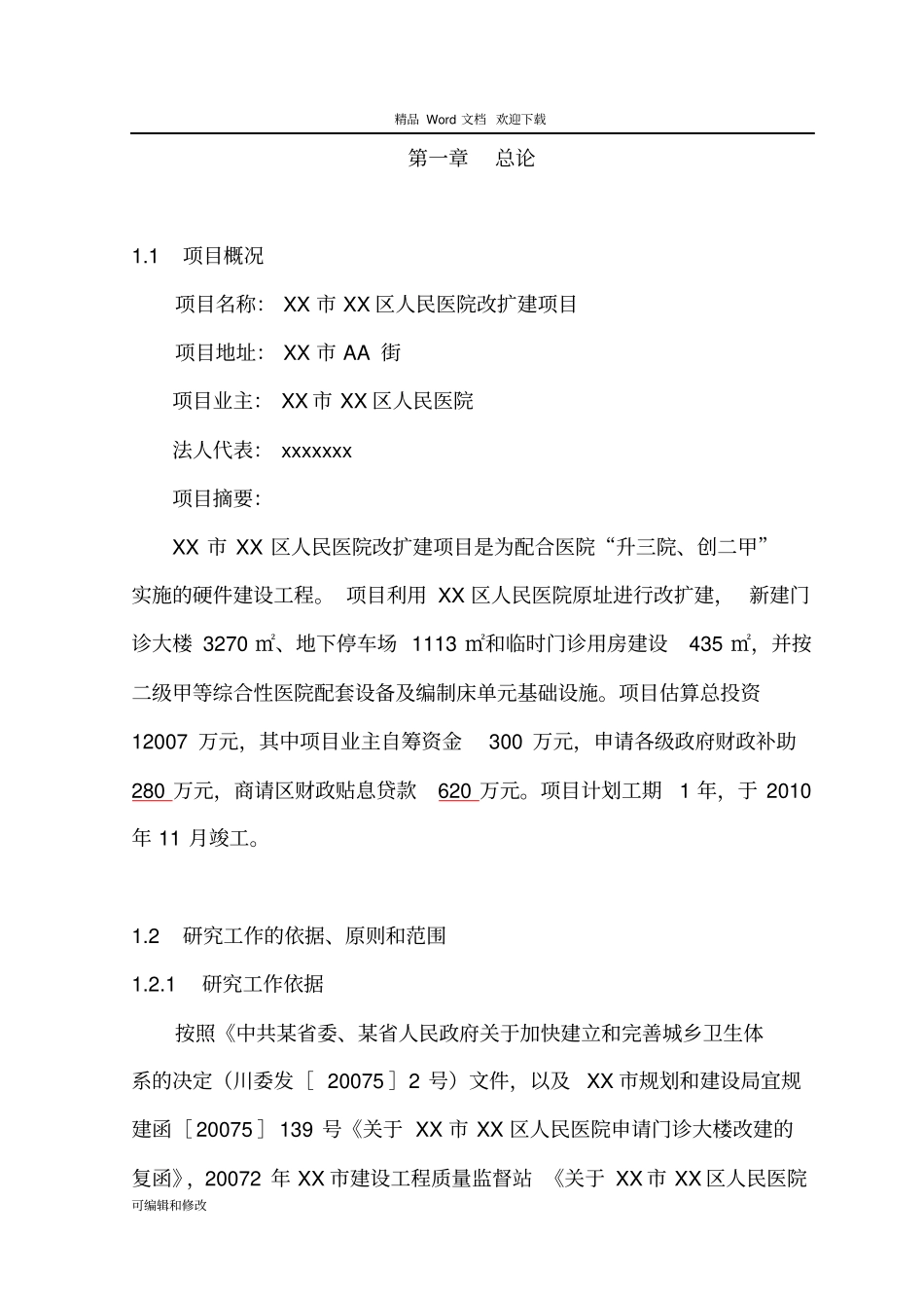 XXXX区人民医院改扩建项目可行性研究报告_第1页