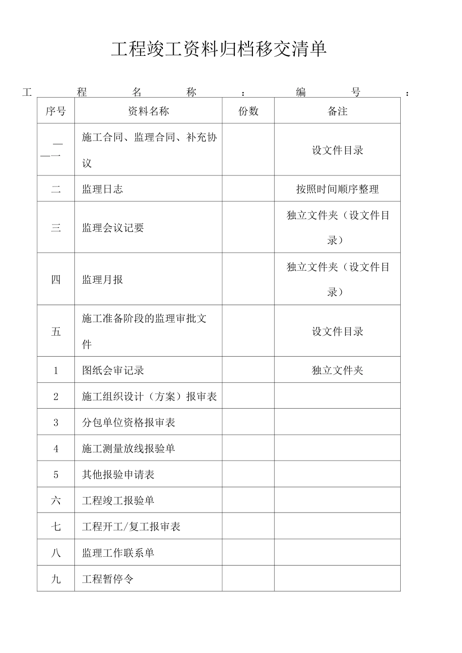 工程竣工资料归档移交清单_第1页