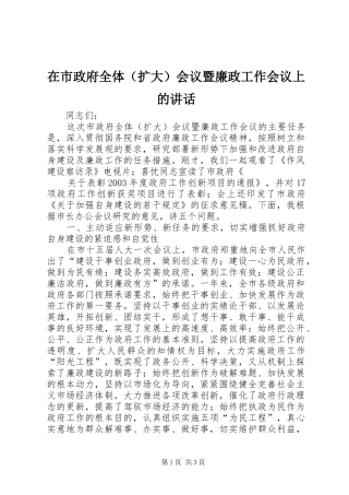 在市政府全体（扩大）会议暨廉政工作会议上的讲话发言