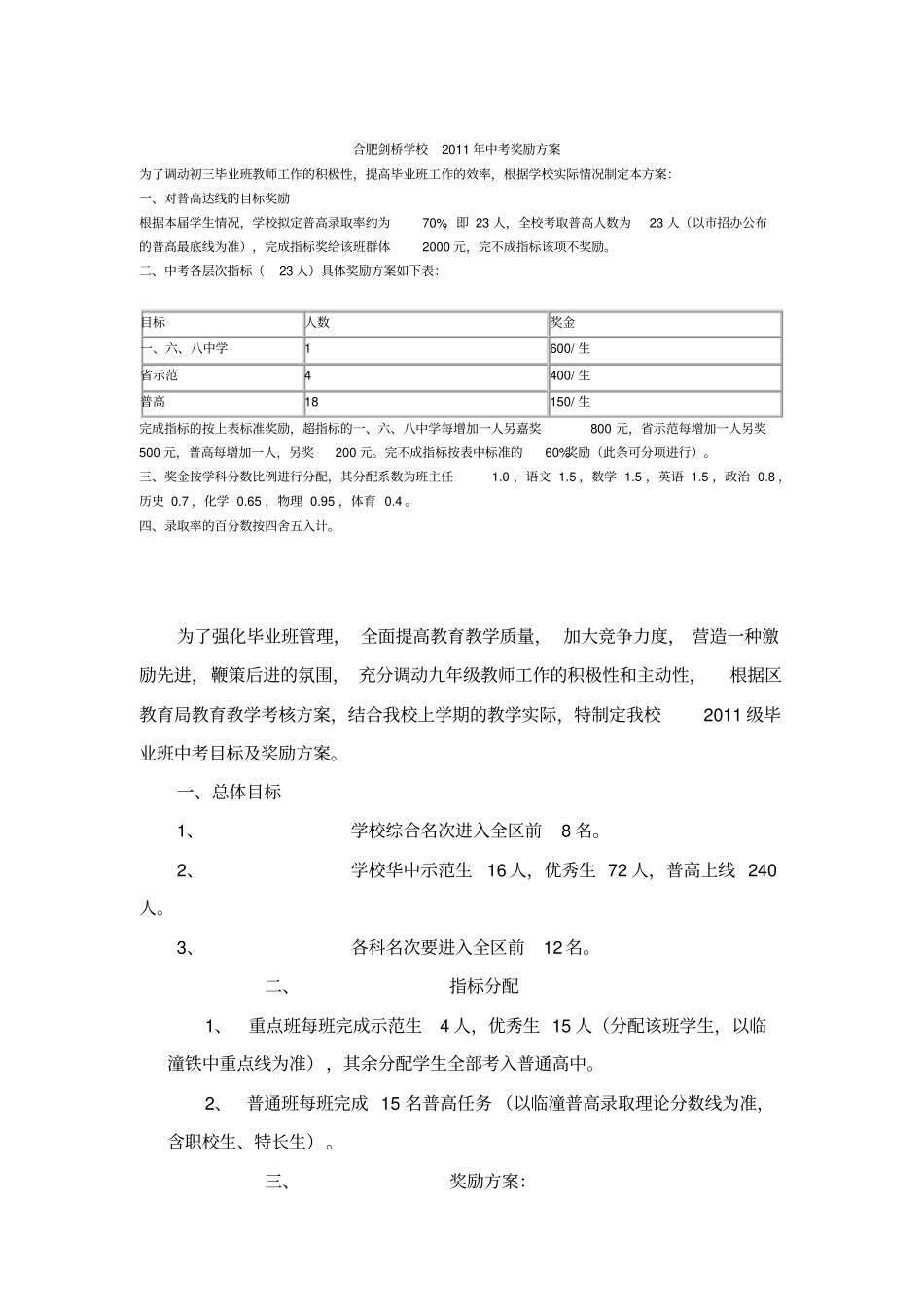 XXXX年中考奖励方案_第1页