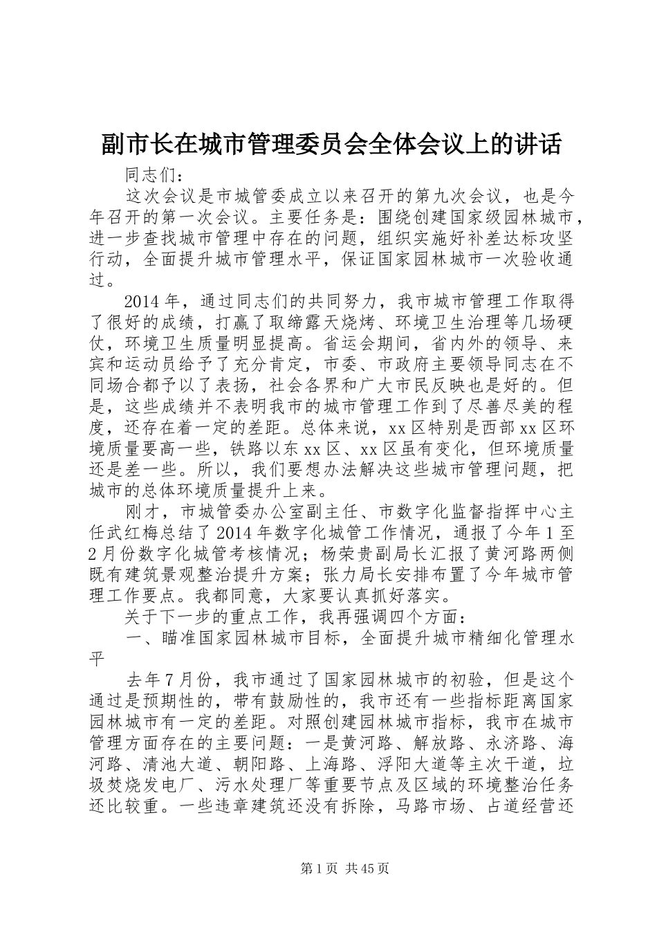 副市长在城市管理委员会全体会议上的讲话发言_第1页