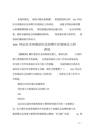 xxx同志在全州基层社会治理片区现场会上的讲话