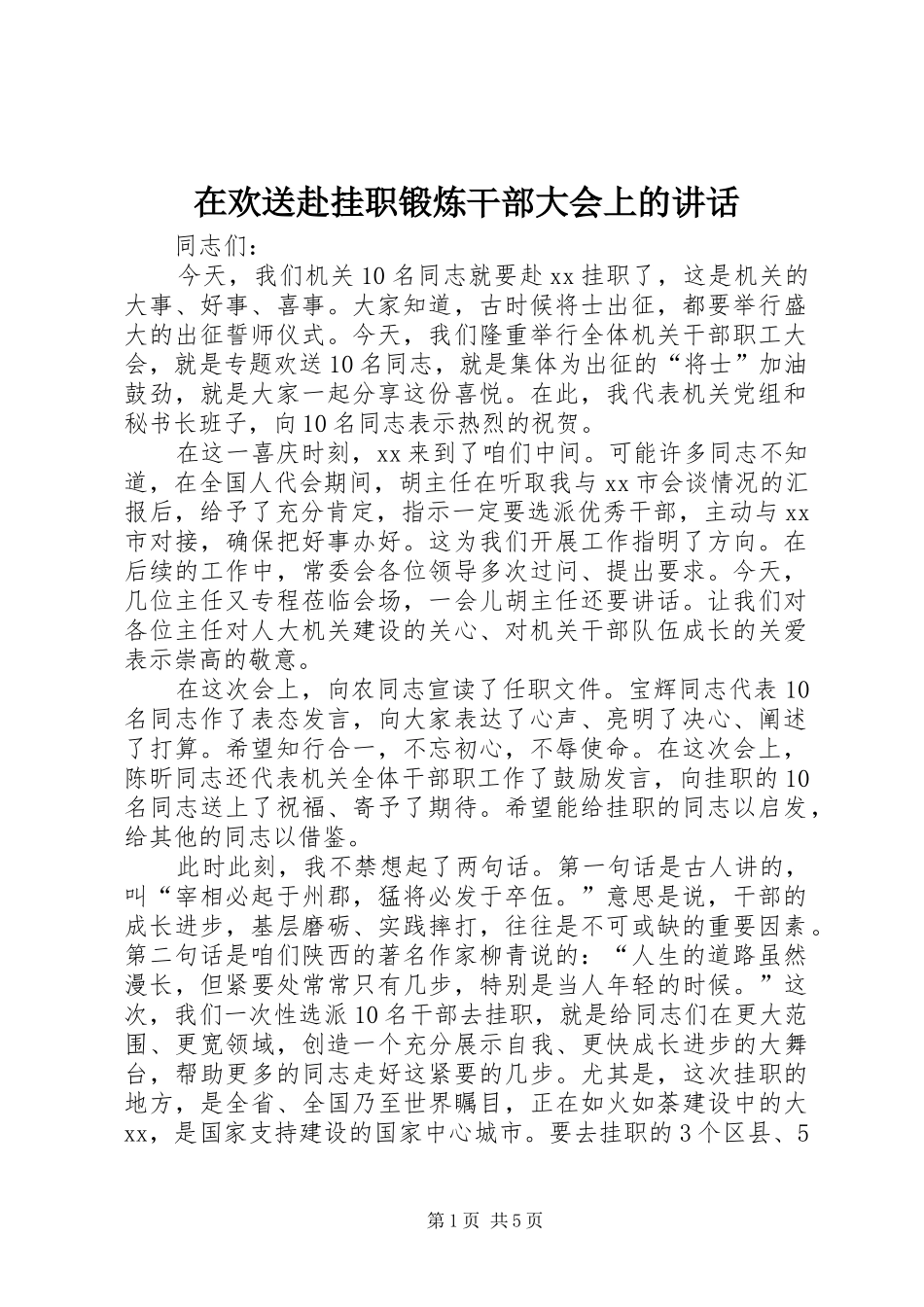 在欢送赴挂职锻炼干部大会上的讲话发言_第1页