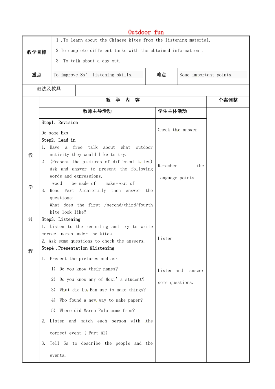 七年级英语下册 Unit 6 Outdoor fun Intergrated skills教案 （新版）牛津版-（新版）牛津版初中七年级下册英语教案_第1页