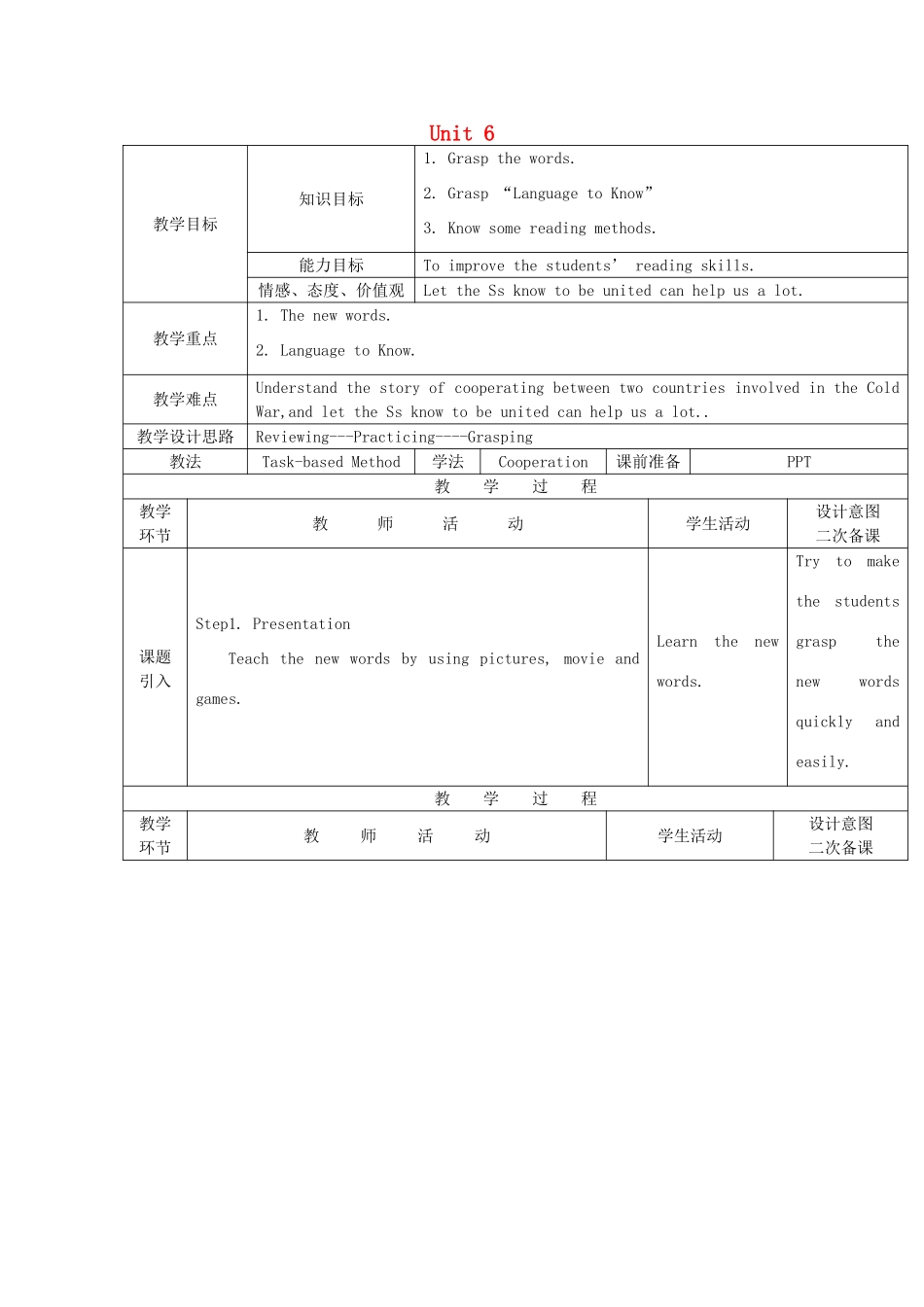 九年级英语上册 Unit 6 A United Effort Reading教案 教科版五四制-教科版初中九年级上册英语教案_第1页