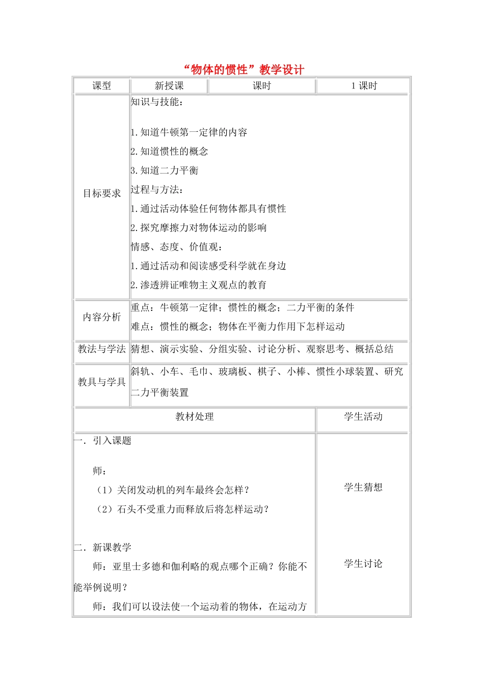 九年级物理 物体的惯性教学设计人教版_第1页