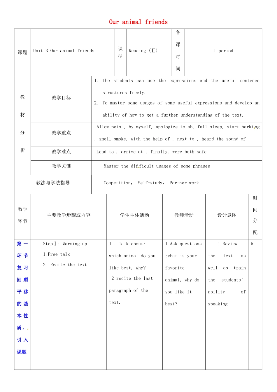 七年级英语下册 Module 2 Man’s best friends Unit 3 Our animal friends教案3 （新版）牛津深圳版-牛津深圳版初中七年级下册英语教案_第1页