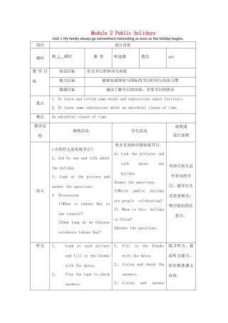 学年九年级英语上册 Module 2 Public holidays Unit 1 My family always go somewhere interesting as soon as教案 （新版）外研版-（新版）外研版初中九年级上册英语教案