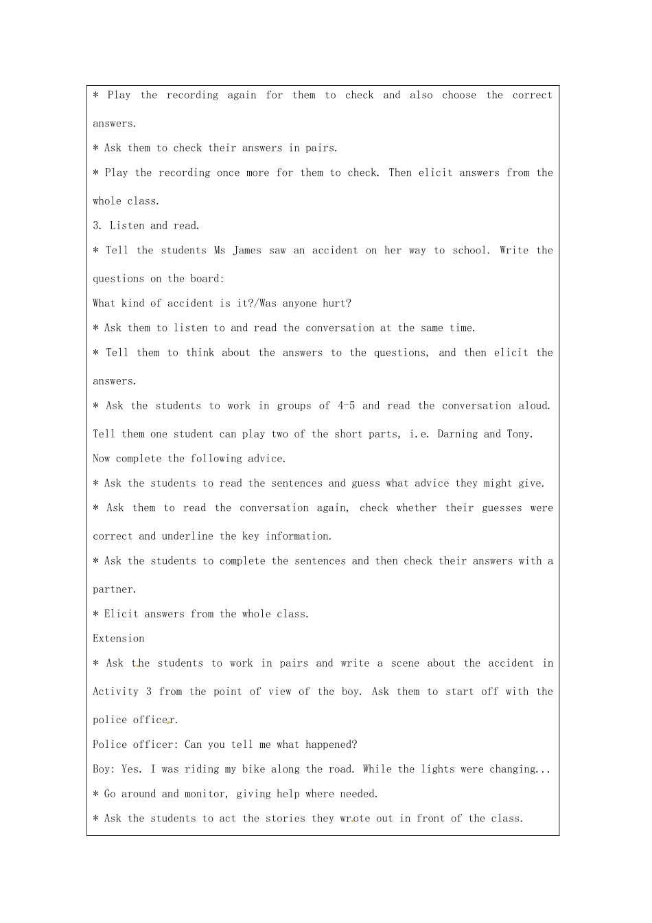 八年级英语上册《Module 8 Unit 1 While the car were changing to red, a car suddenly appeared》教学设计 （新版）外研版-（新版）外研版初中八年级上册英语教案_第3页
