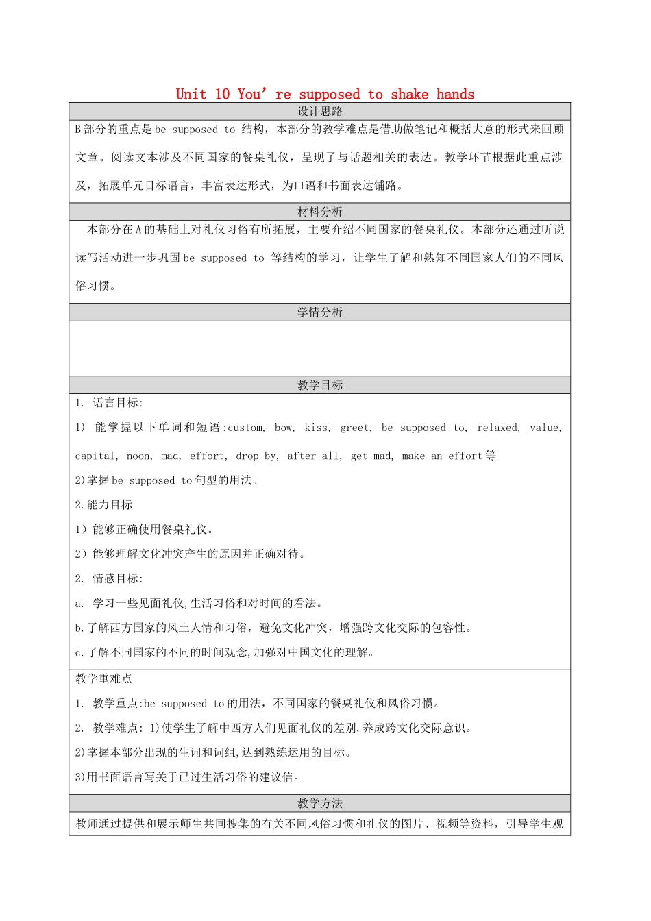 九年级英语全册 Unit 10 You’re supposed to shake hands Section B教学设计 （新版）人教新目标版-（新版）人教新目标版初中九年级全册英语教案_第1页