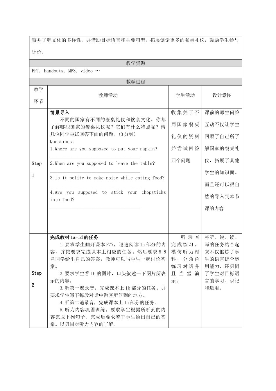 九年级英语全册 Unit 10 You’re supposed to shake hands Section B教学设计 （新版）人教新目标版-（新版）人教新目标版初中九年级全册英语教案_第2页
