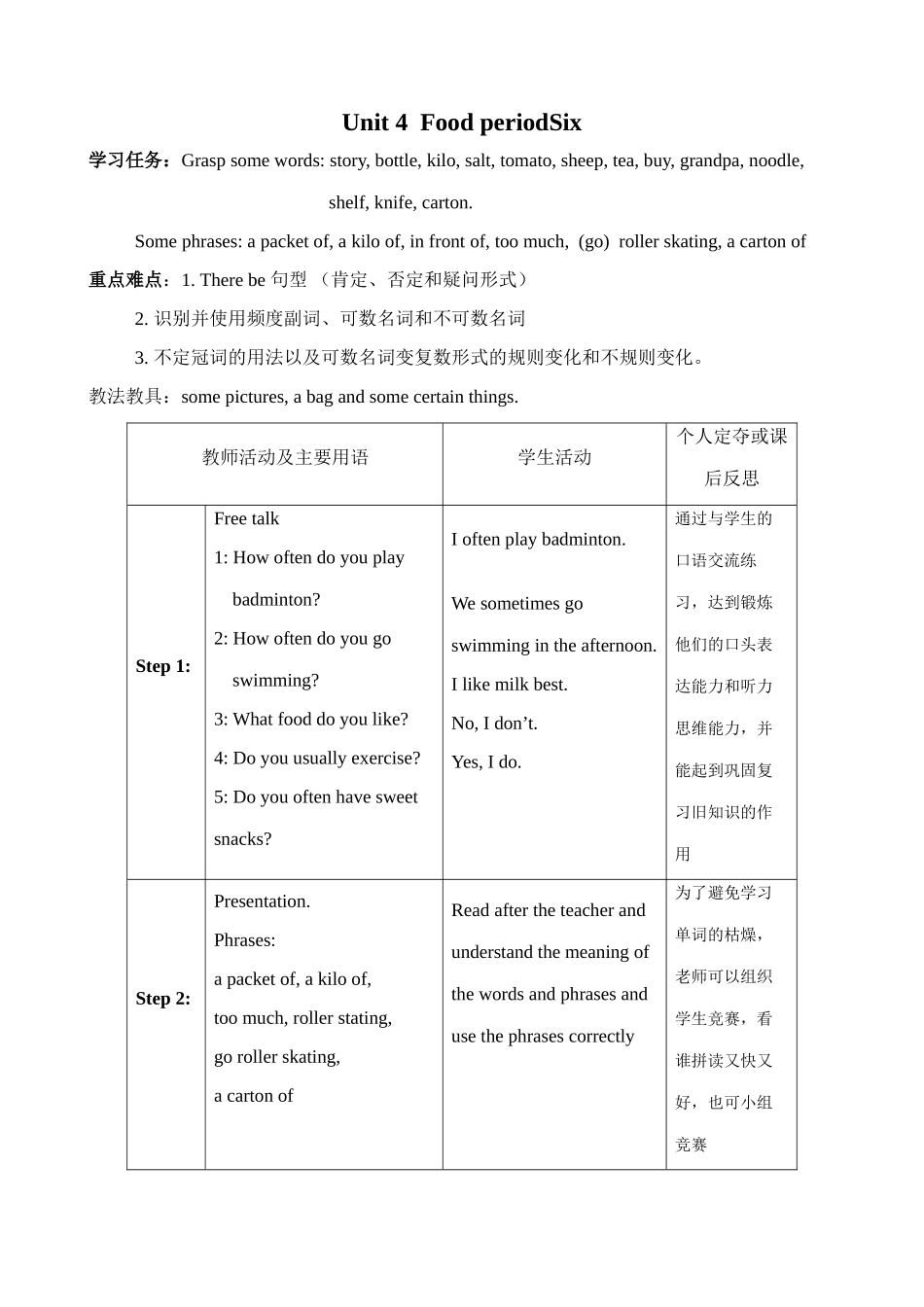 七年级英语Unit4 Food period Six教案 牛津版_第1页