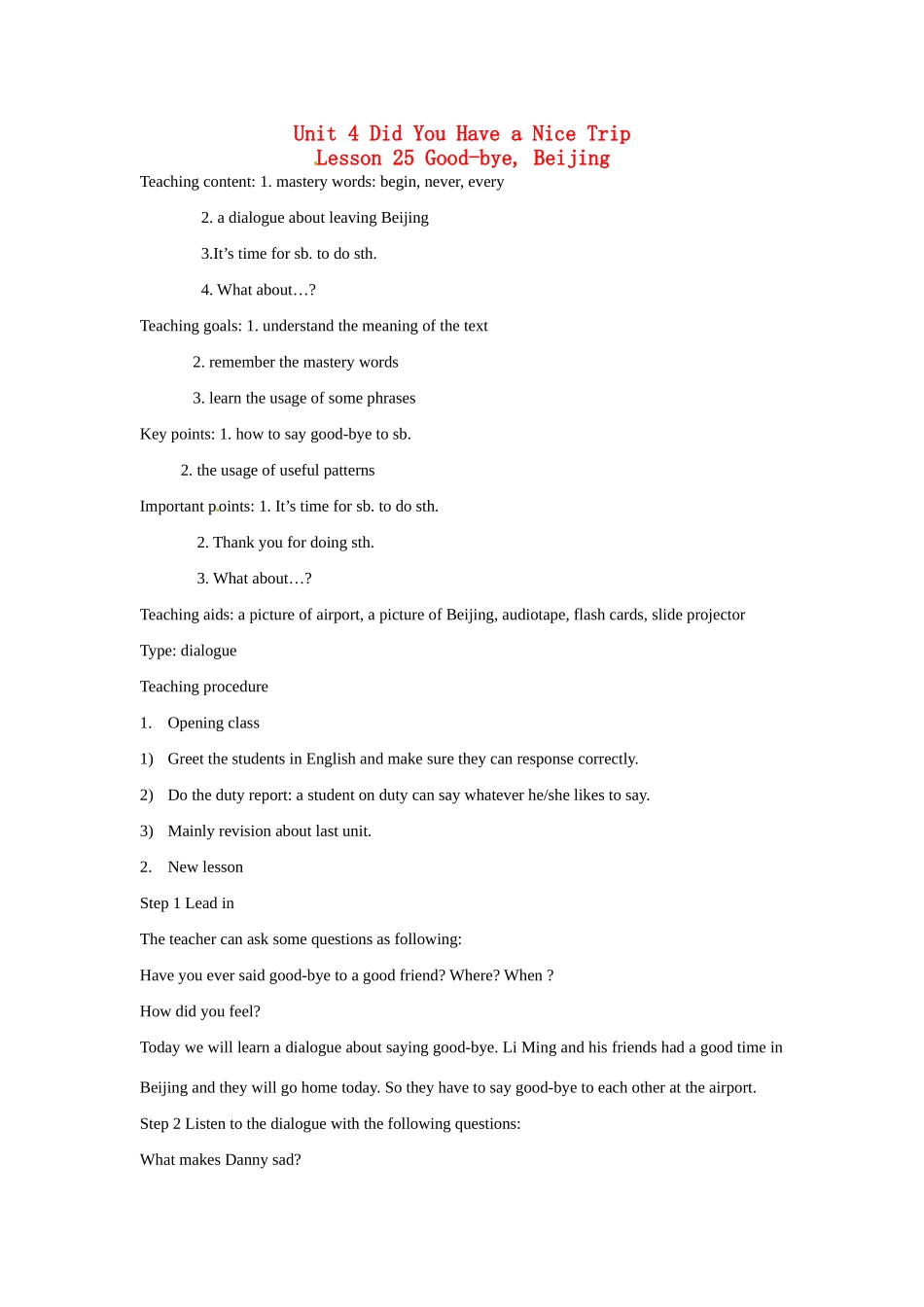 七年级英语下册 Unit4 Did You Have a Nice Trip Lesson25-Lesson31教案 冀教版_第1页