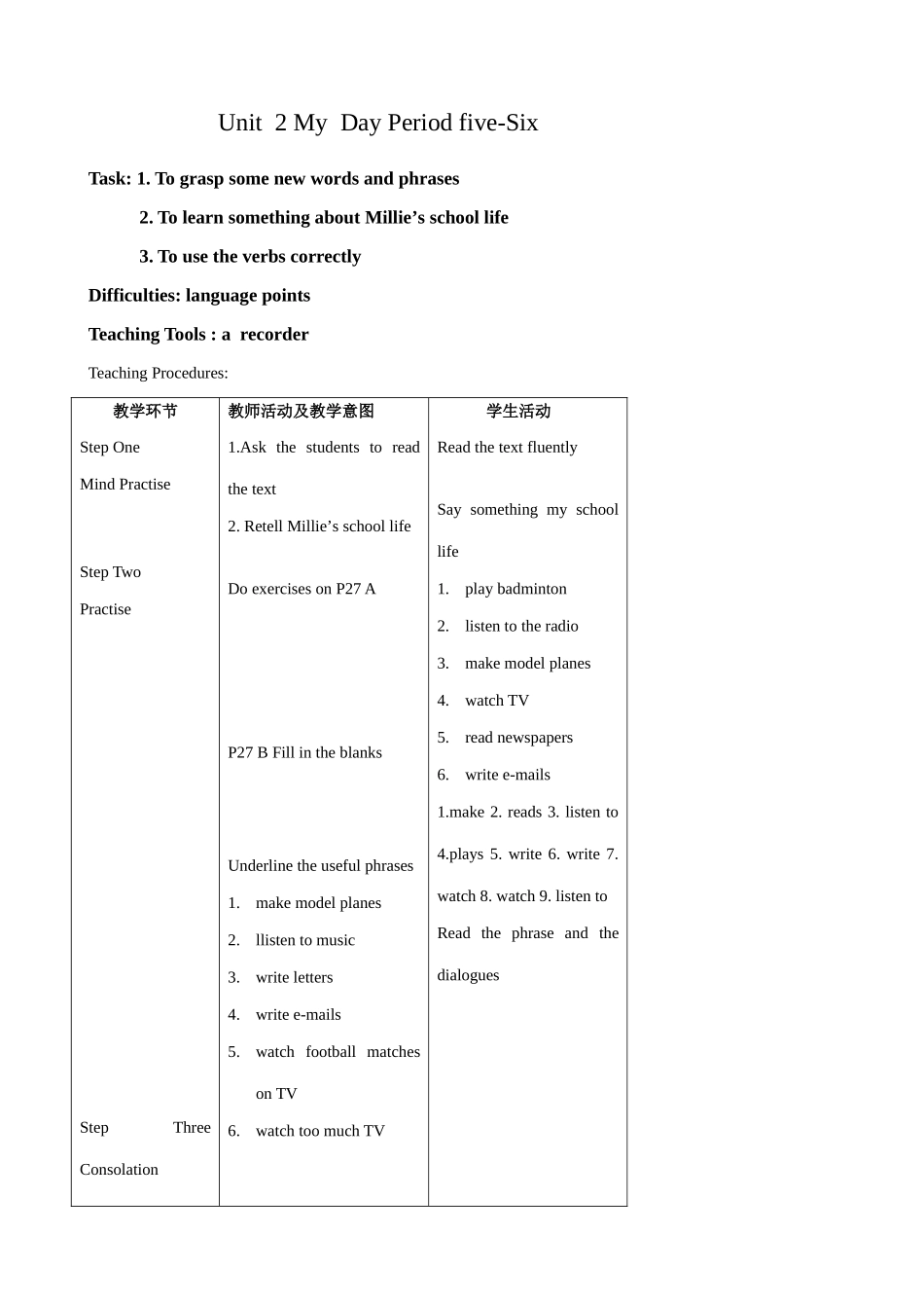 七年级英语Unit2 My  Day Period five-Six教案 牛津版_第1页