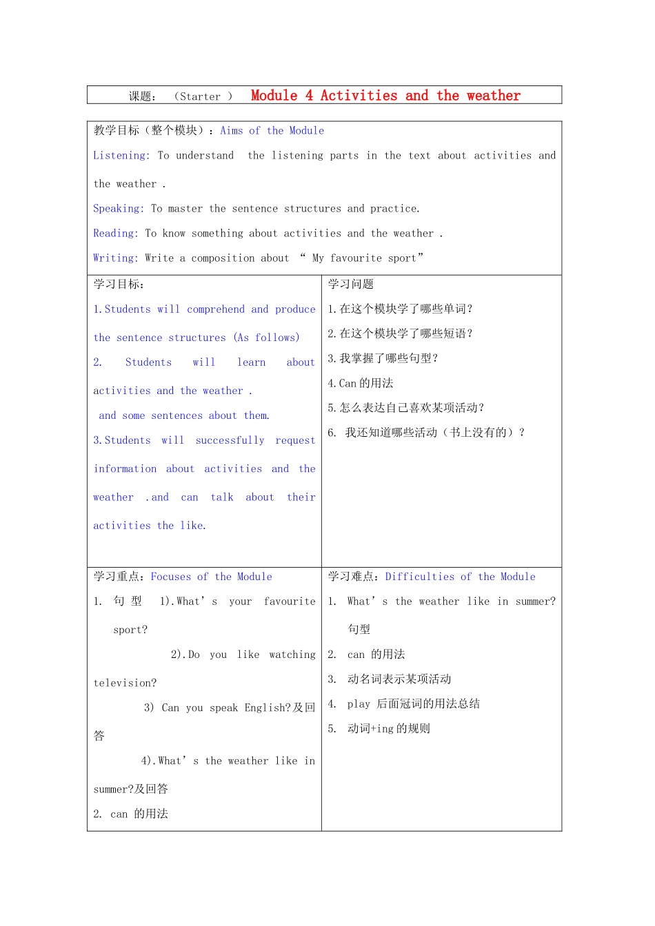 七年级英语上册 Starter Module 4 Activities and the weather全模块教案 外研版_第1页