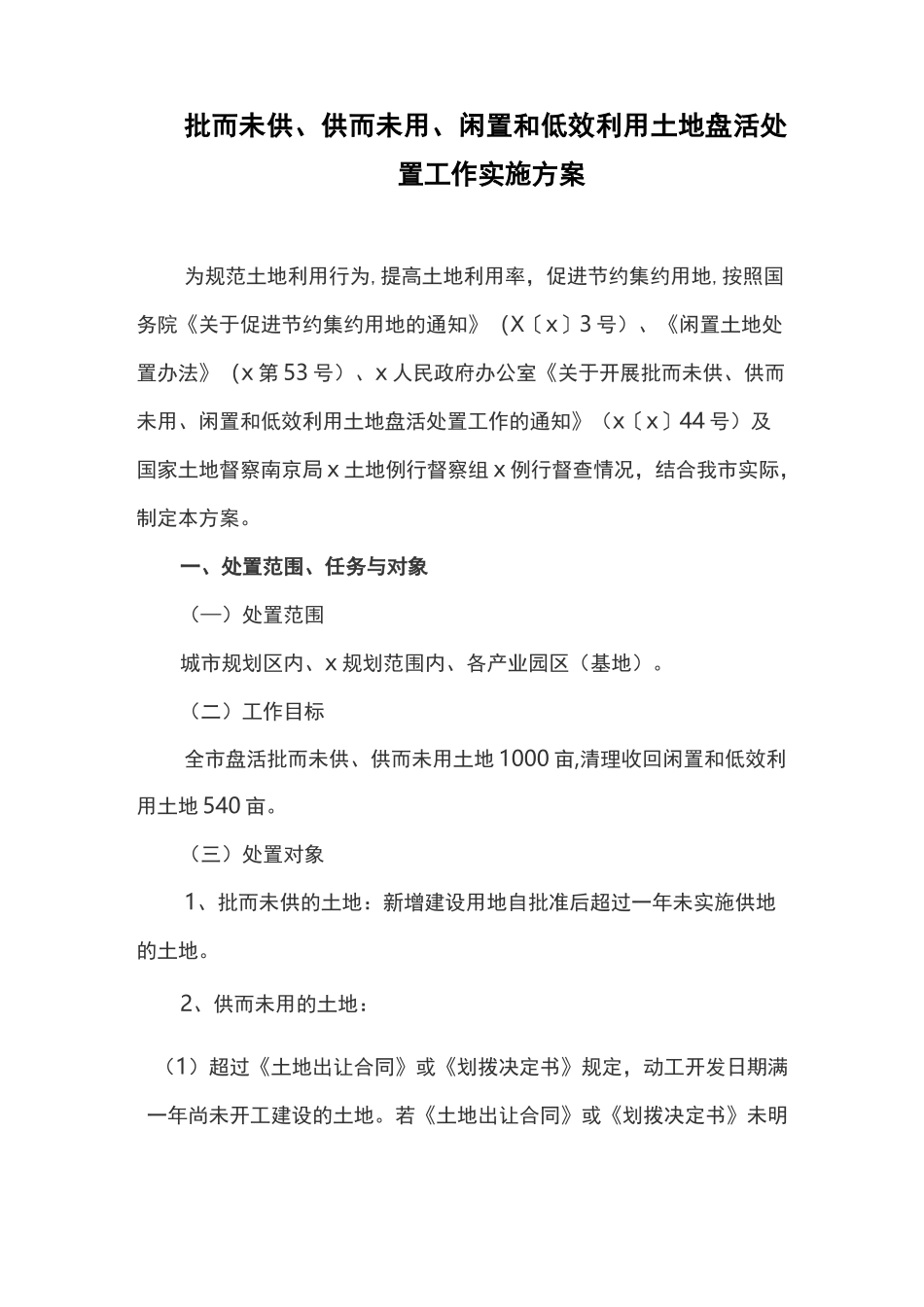批而未供、供而未用、闲置和低效利用土地盘活处置工作实施方案_第1页
